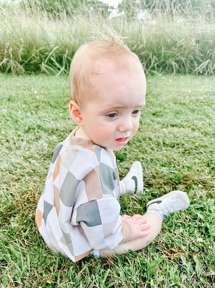 Checkered Sweatshirt Bubble Romper