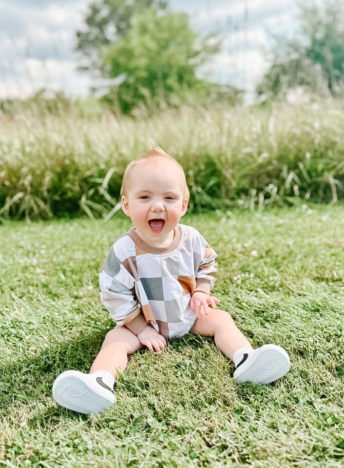 Checkered Sweatshirt Bubble Romper